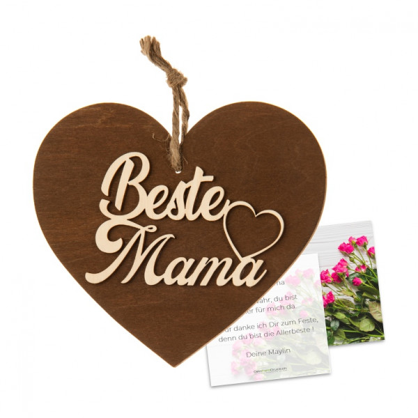 3-D Holzherz «Beste Mama» mit Grusskarte